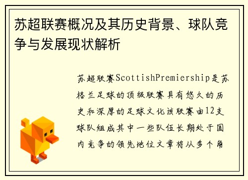 苏超联赛概况及其历史背景、球队竞争与发展现状解析