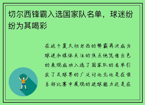 切尔西锋霸入选国家队名单，球迷纷纷为其喝彩