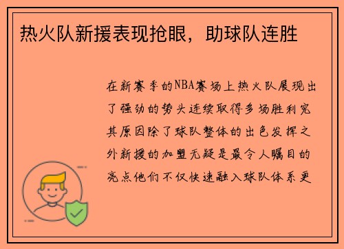 热火队新援表现抢眼，助球队连胜